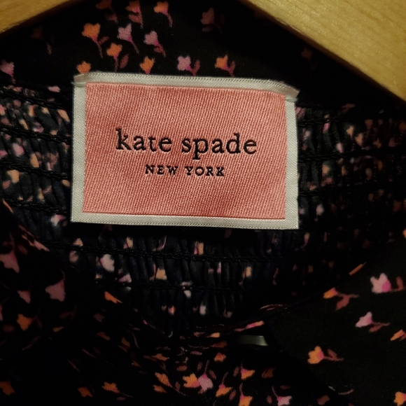 NWOT Kate Spade Meadow Smocked Back Shirtdress. Black. Orange, pink floral. 2. - Picture 5 of 16